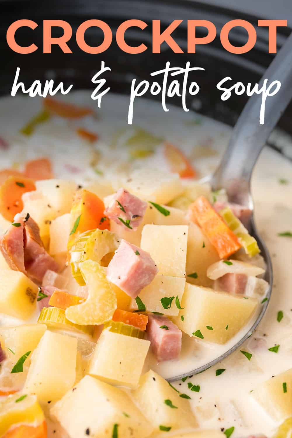 Crockpot ham and potato soup on ladle.