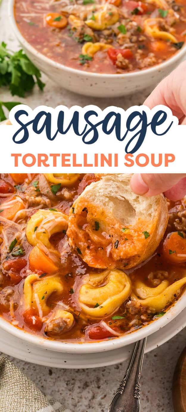 Bread being dipped in bowl of sausage tortellini sioup.