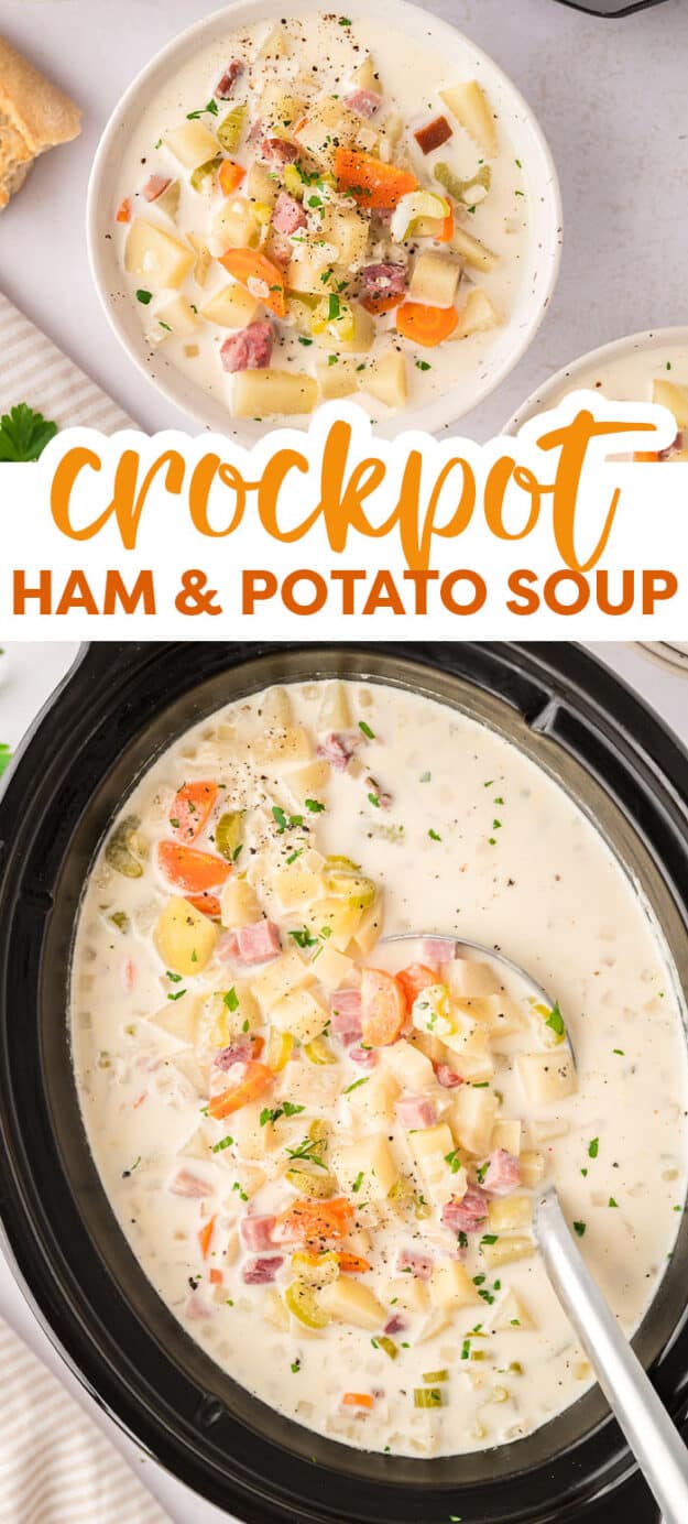 Collage of crockpot ham and potato soup images.