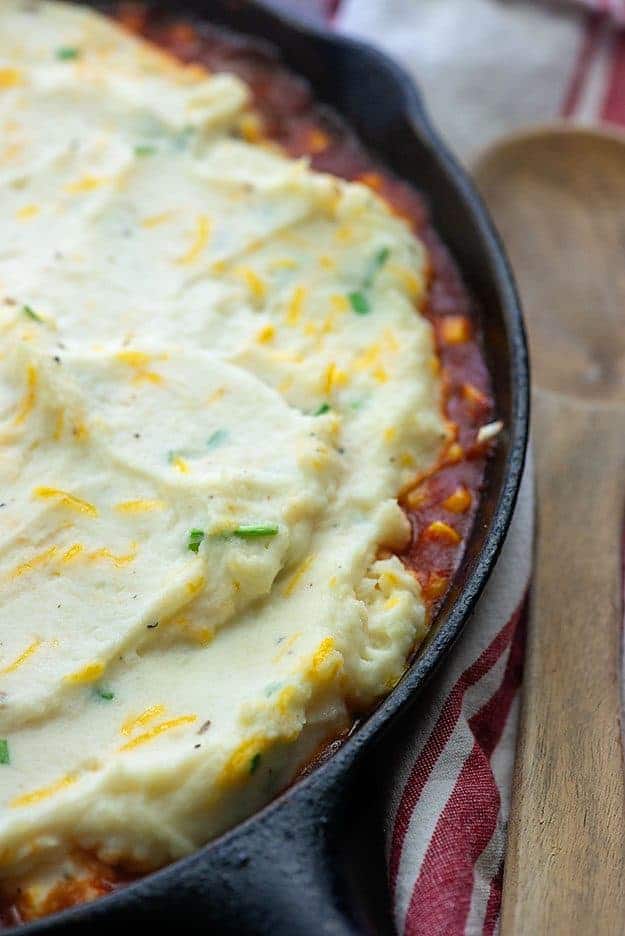 Sheperds pie in a cast-iron skillet.