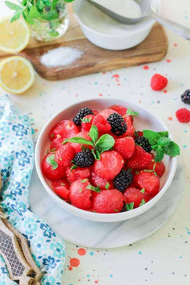 watermelon mint salad recipe in white bowl