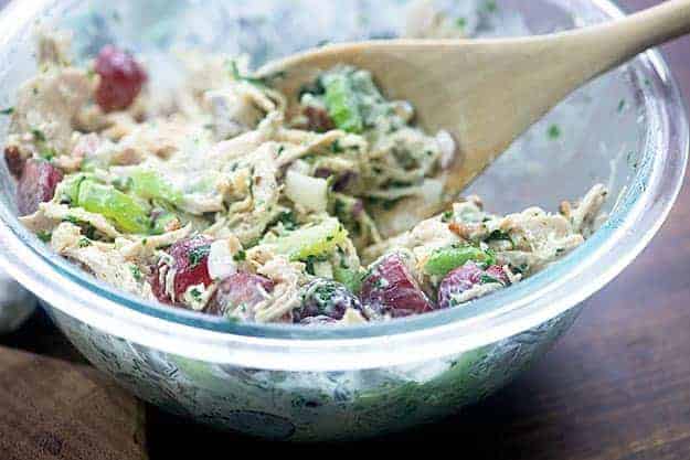 chicken salad with grapes in glass bowl