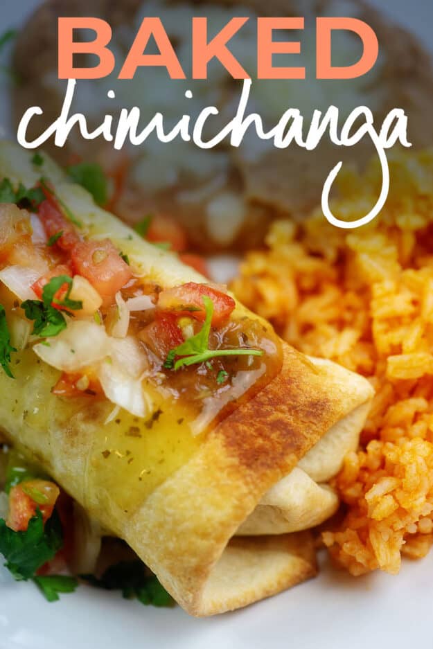 chimichanga on white plate with text for PInterest.