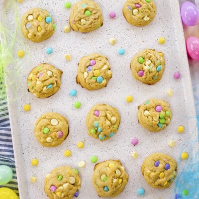 Easter cookies on baking sheet.