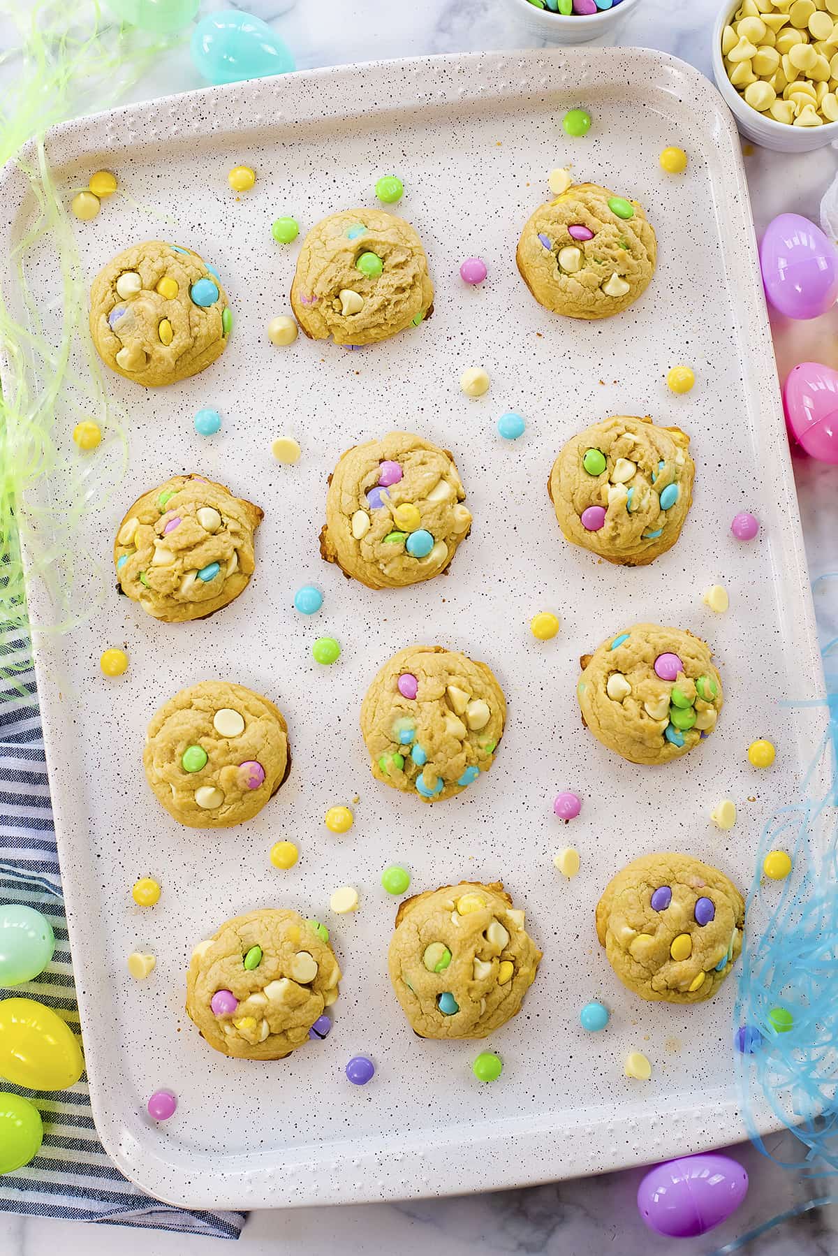 Easter cookies on baking sheet.