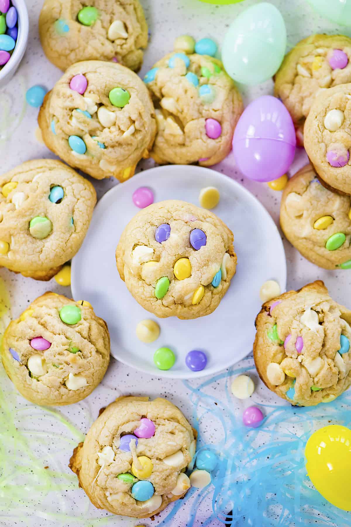 Overhead view of Easter chocolate chip cookies.