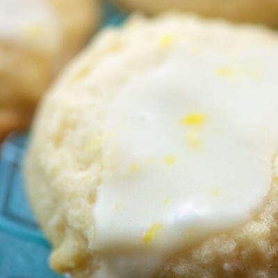 Close up of icing on a lemon cookie.