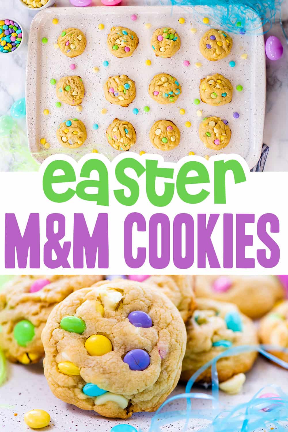Collage of Easter m&m cookies.