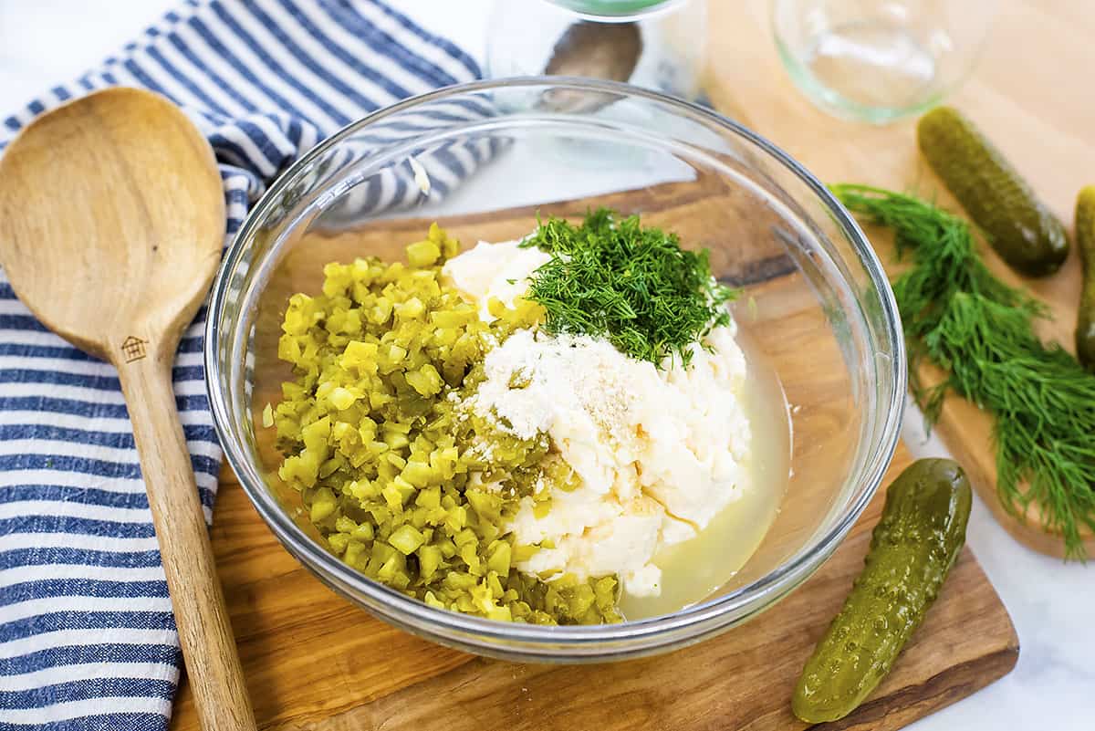 Bowlful of tartar sauce ingredients.