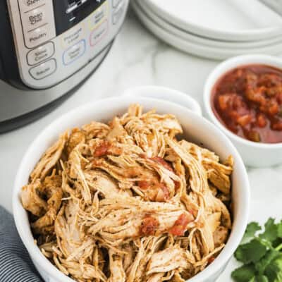 Shredded chicken in bowl in front of Instant Pot.