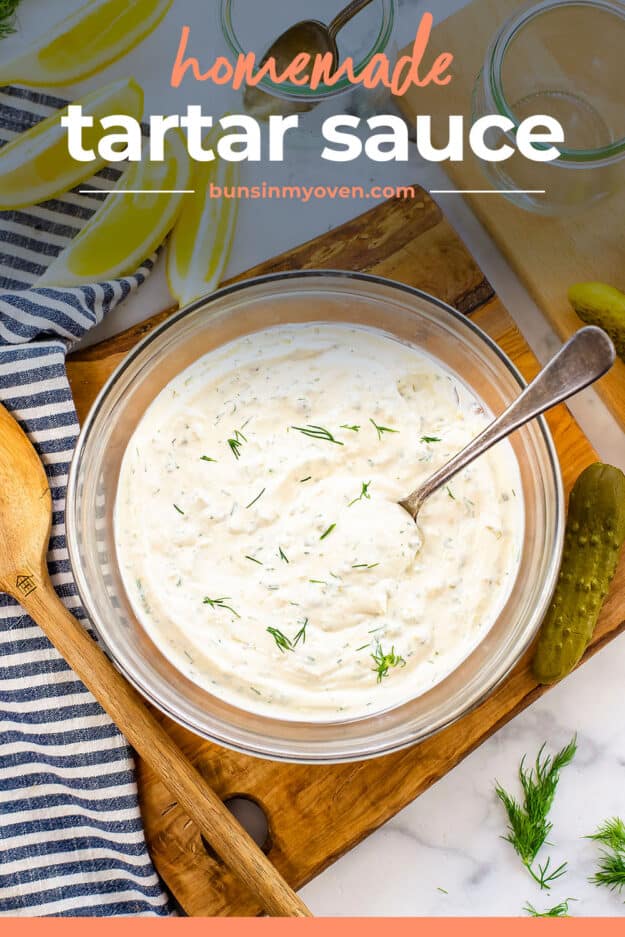 Easy tartar sauce recipe in glass bowl.