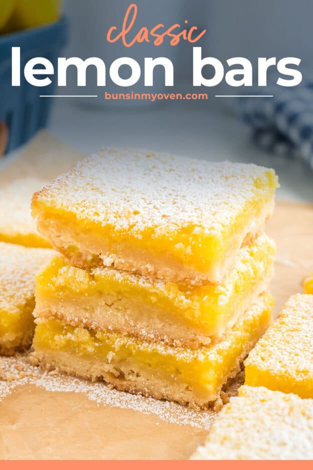 Stack of easy lemon bars recipe on parchment.