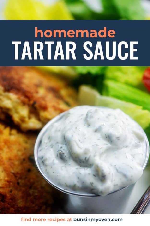 homemade tartar sauce in silver cup.