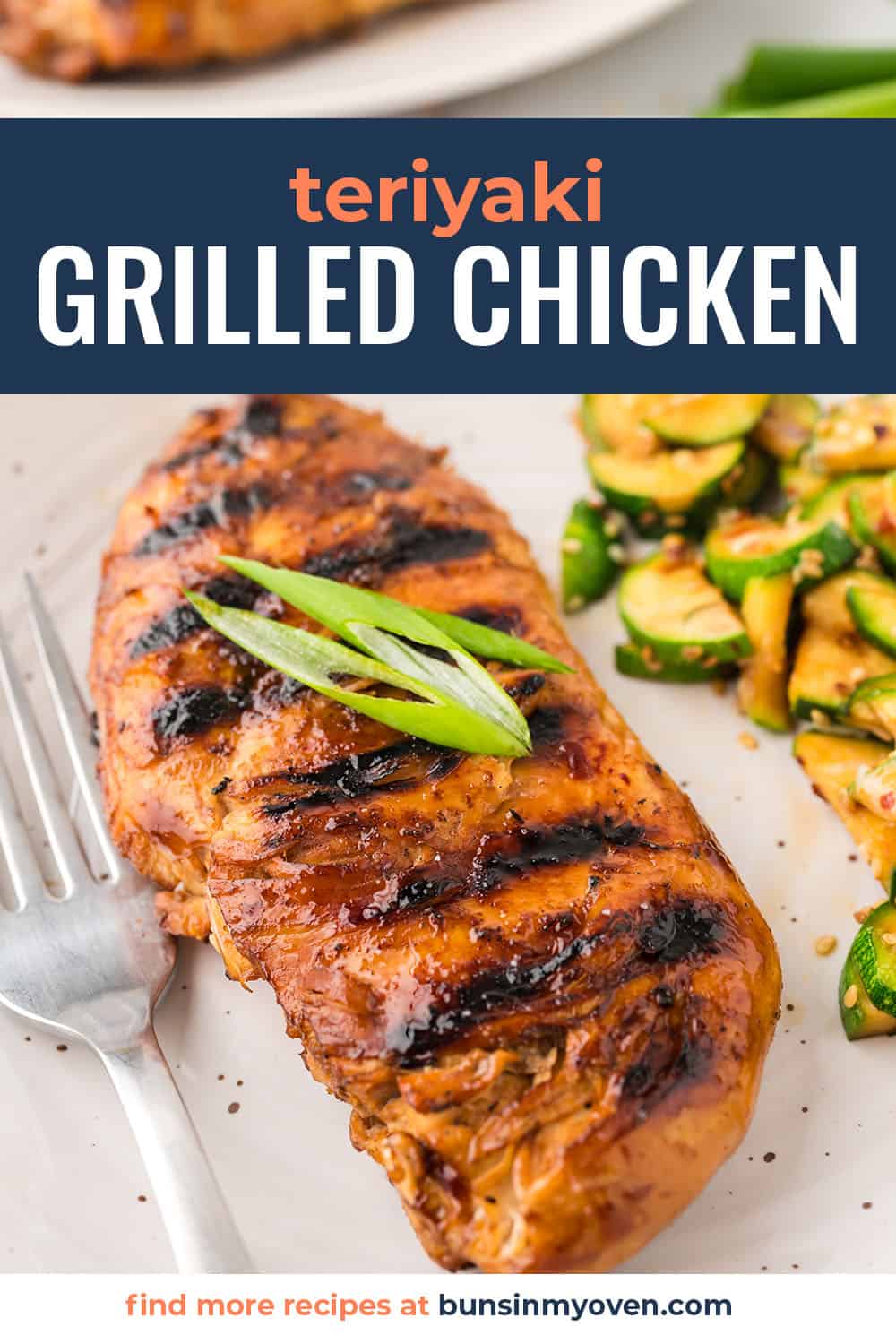 Teriyaki grilled chicken on white plate next to cucumbers.