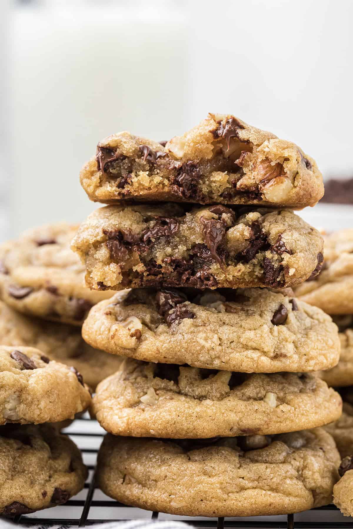Stack of chocolate chip pecan cookies.