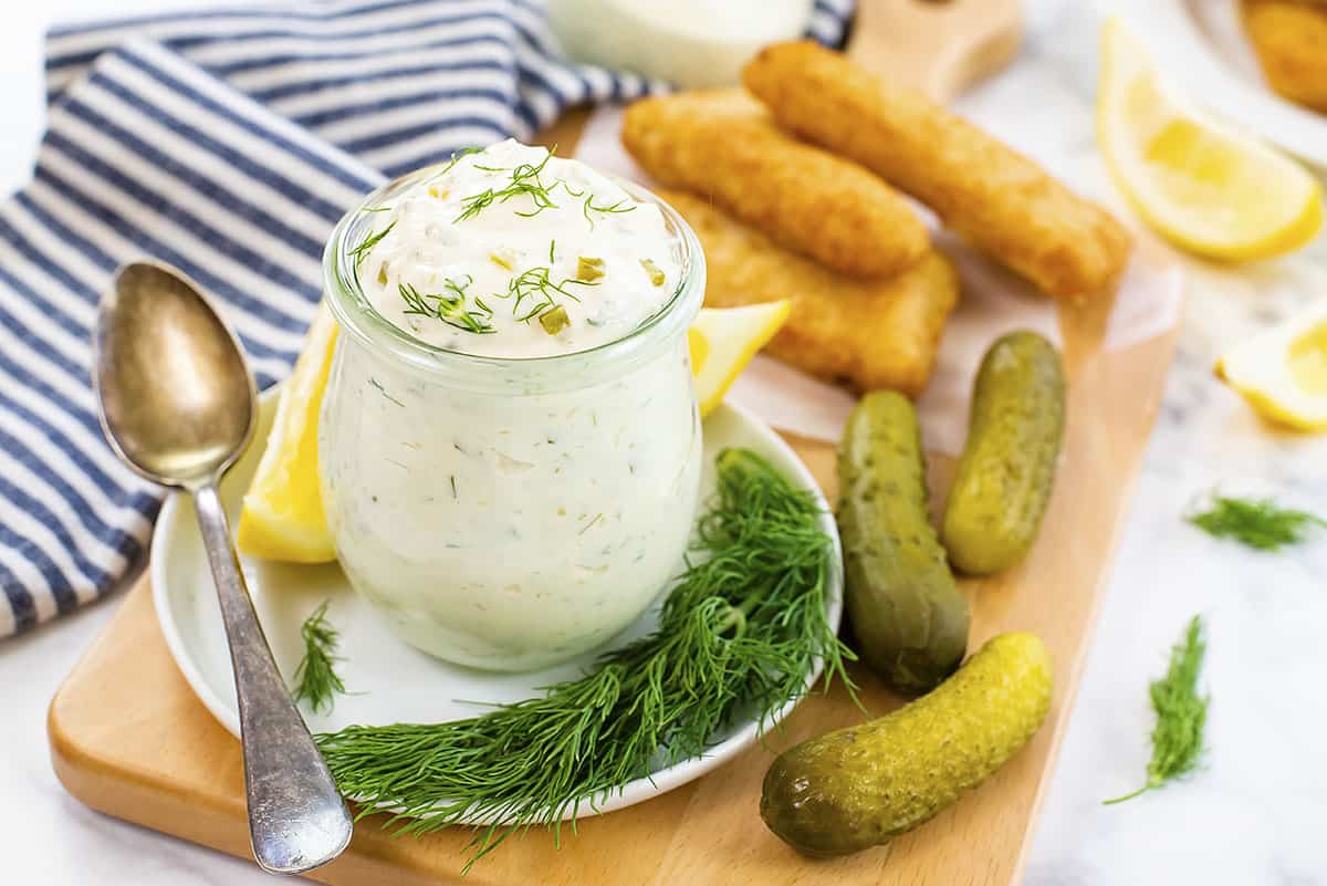 homemade tartar sauce recipe close up.