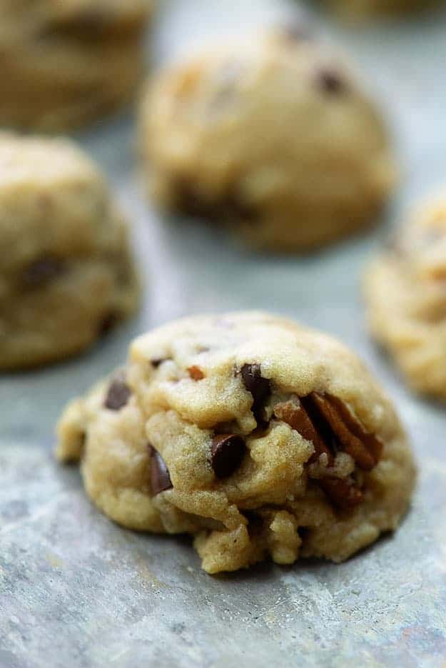 thick chocolate chip cookie on sheet pan