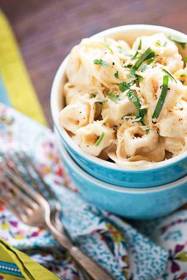 pasta in blue bowls.