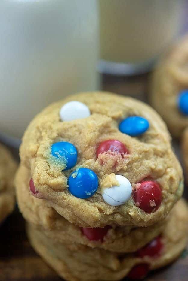 Stacked up cookies with red white and blue M&M\'s