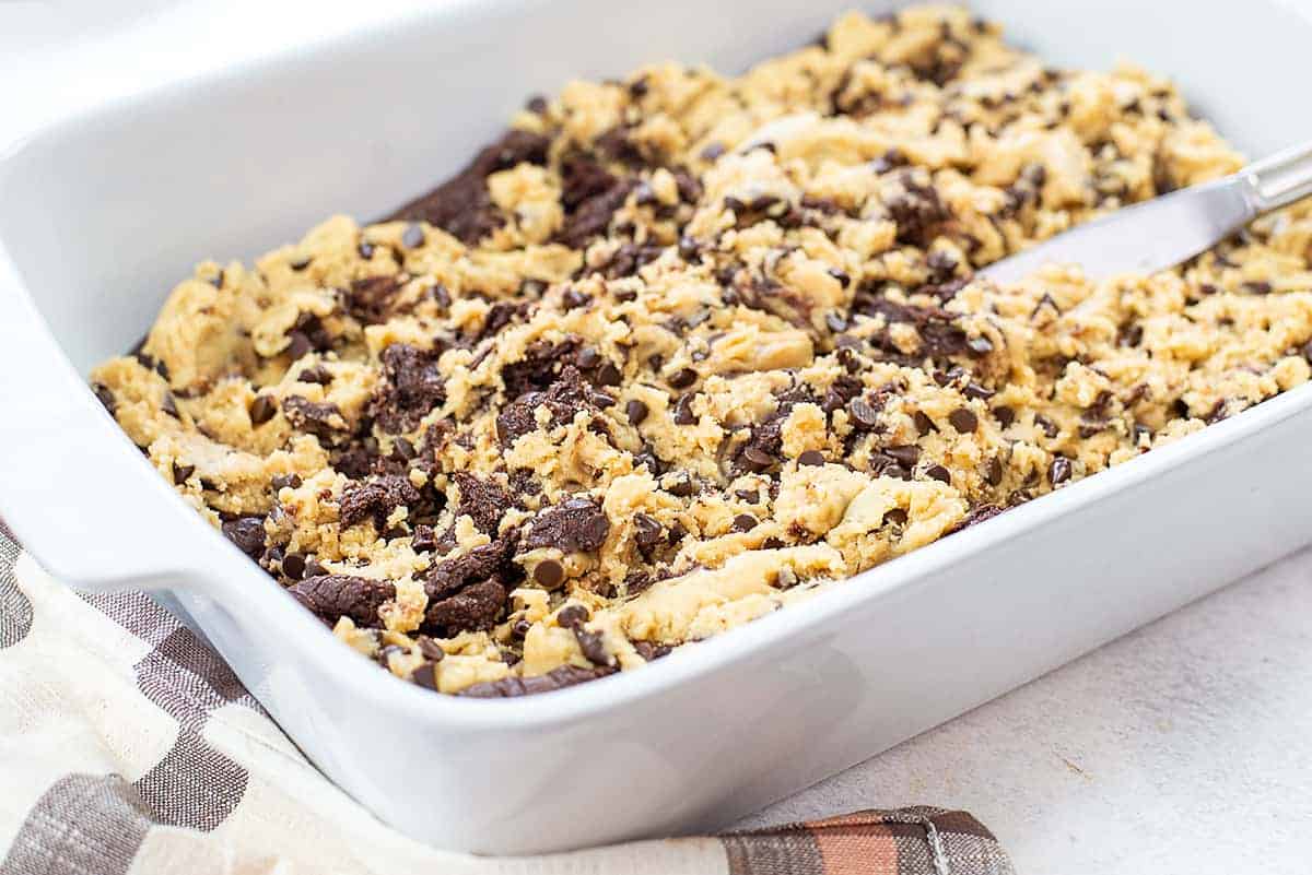 cookie dough swirled into a pan of brownie batter.