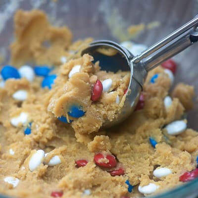 4th of july cookie dough in glass bowl.