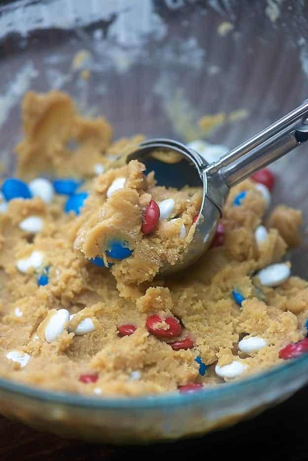 4th of july cookie dough in glass bowl.