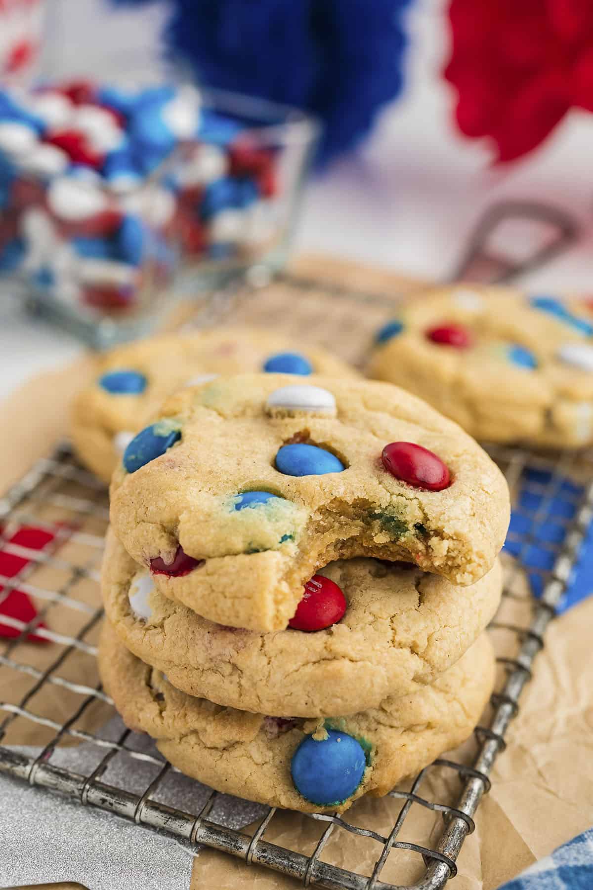 Stack of m&m cookies.