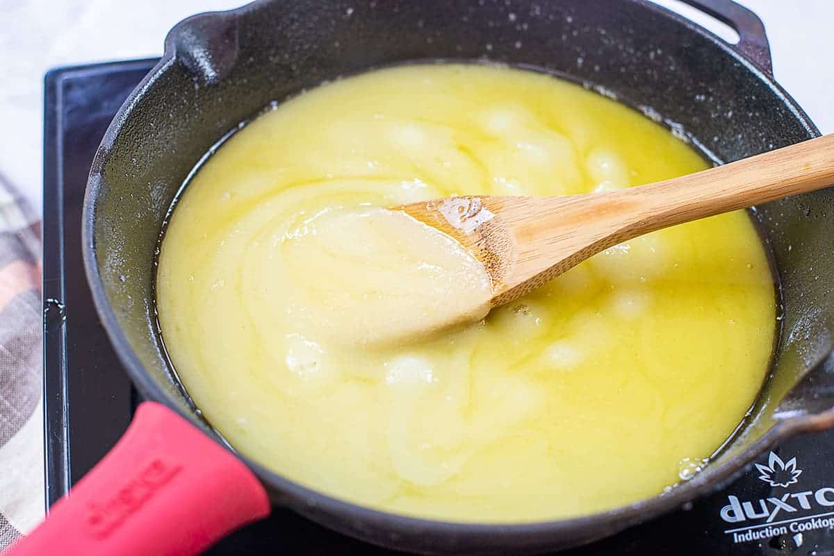 melted butter and sugar in skillet.