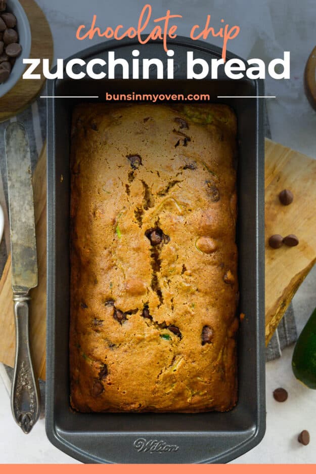 loaf pan with chocolate chip zucchini bread.
