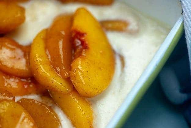 bisquick peach cobbler in baking dish.