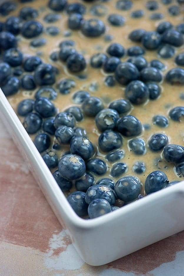 blueberry pie filling in baking dish.