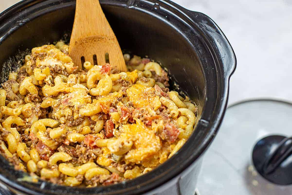 cheesy Mexican mac and cheese in the crockpot.