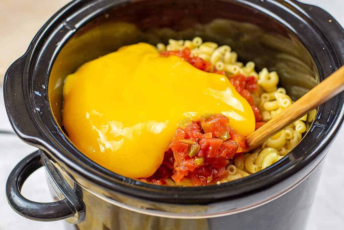 taco mac and cheese ingredients in crockpot.