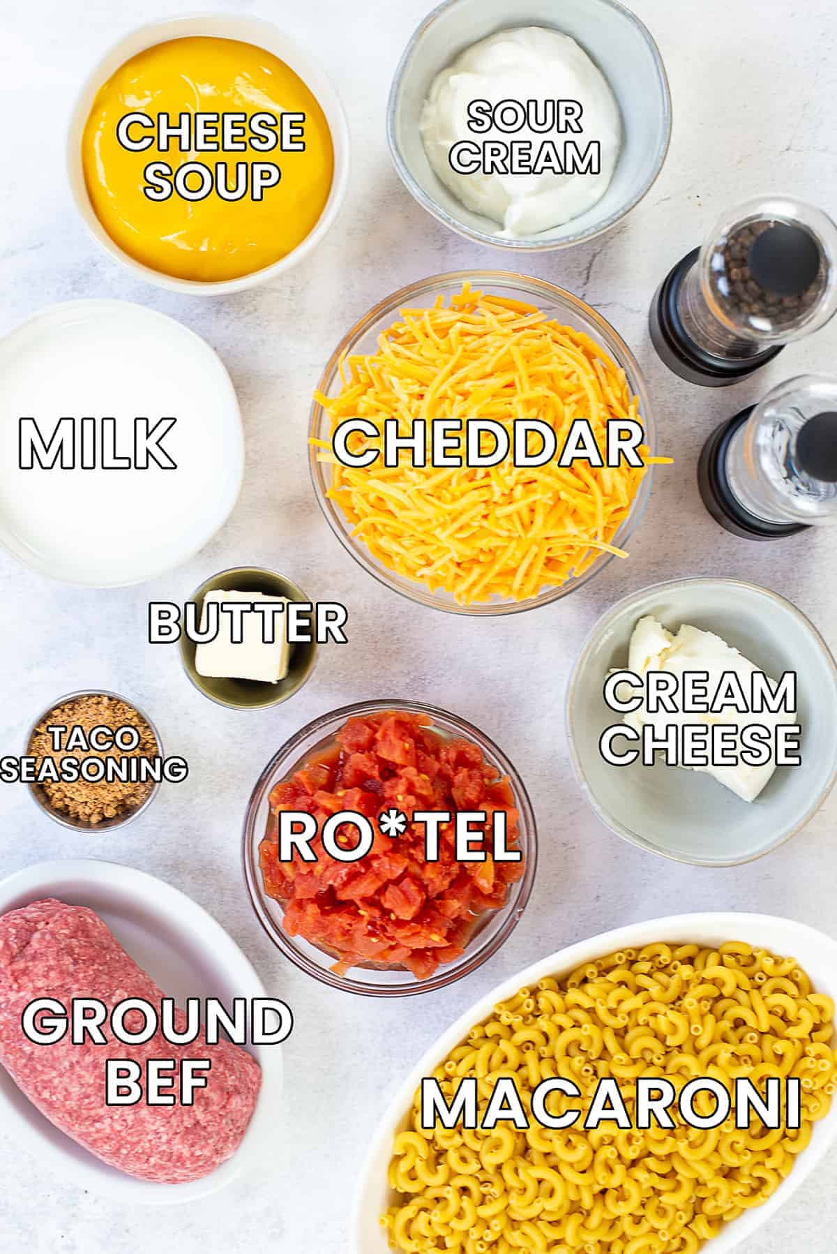 ingredients for taco mac and cheese with text overlay.