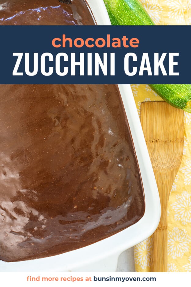 chocolate zucchini cake in white baking dish.
