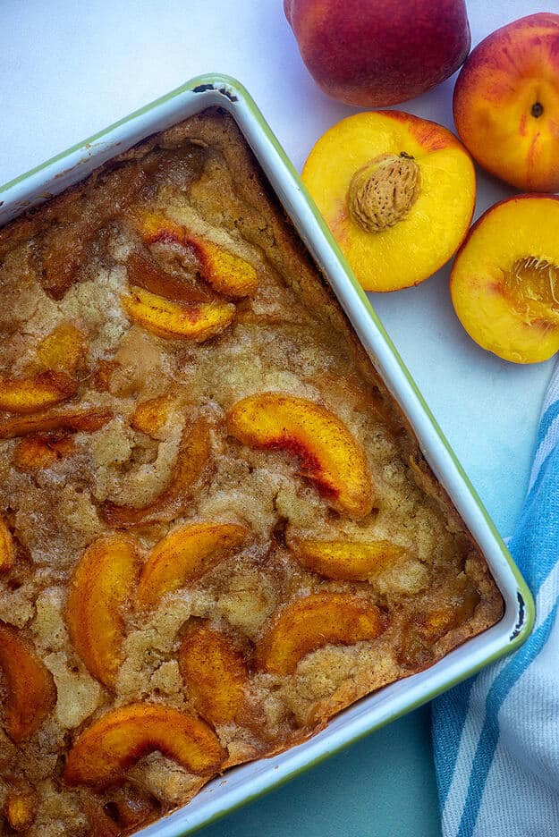 baked peach cobbler made with bisquick.