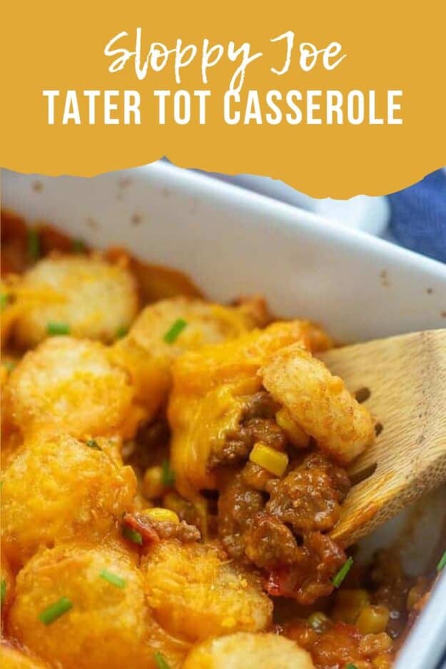 Dish full of sloppy joe casserole topped with tater tots.