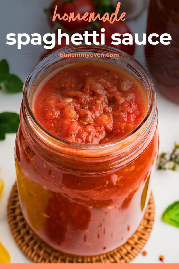 Homemade spaghetti sauce in mason jar with text for Pinterest.
