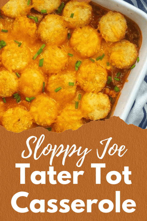 Sloppy joe tater tot casserole in white baking dish.