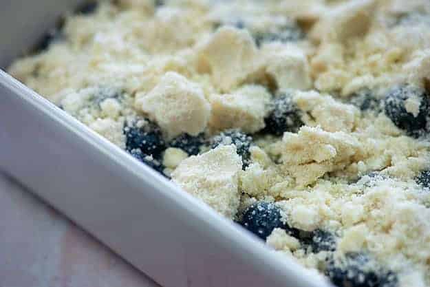 Blueberry bars in a white baking dish 