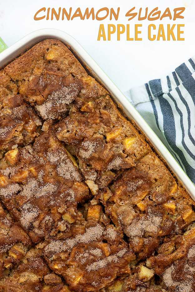 Apple cake in a nine by thirteen baking pan.