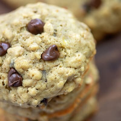 Close up of a chocolate chip cookie.