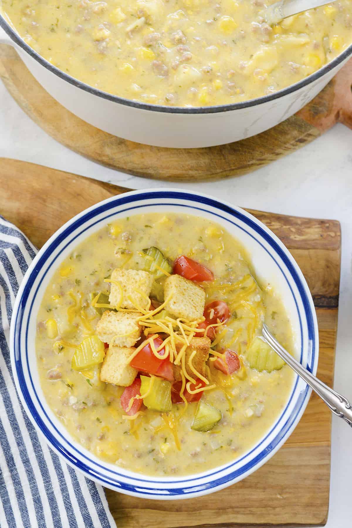 Bowl of cheeseburger soup.