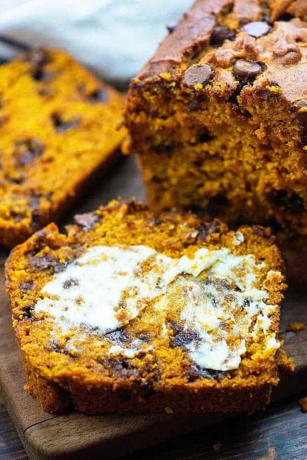 pumpkin bread with chocolate chips and butter