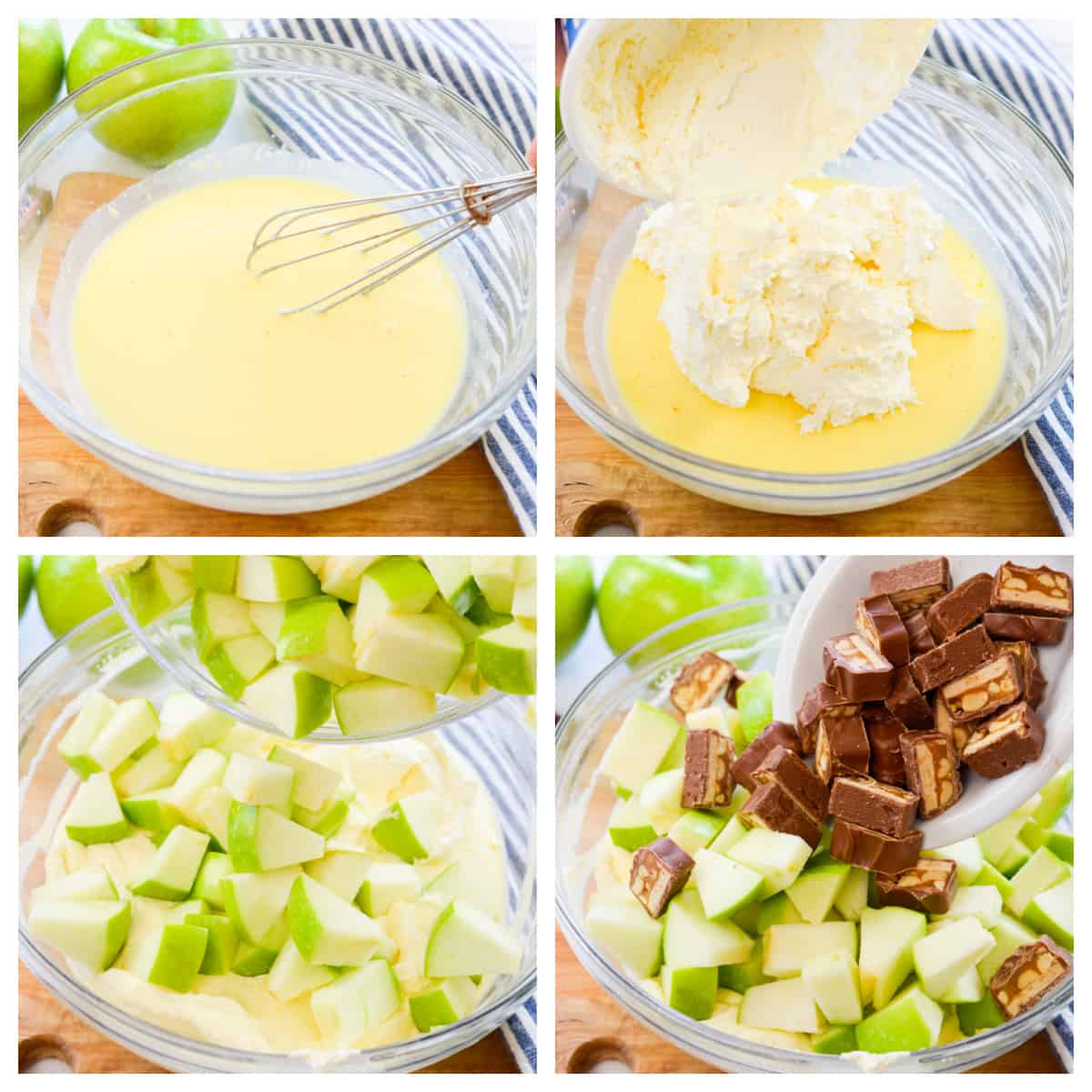 Collage showing how to make snicker salad.