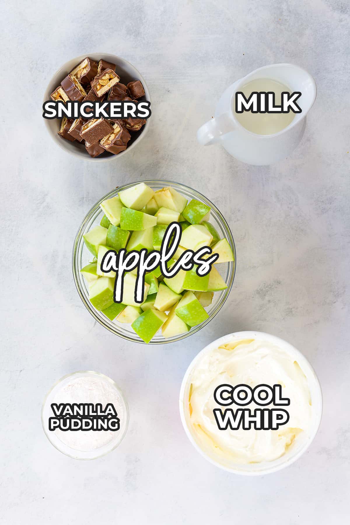 Ingredients for Snickers apple salad recipe.