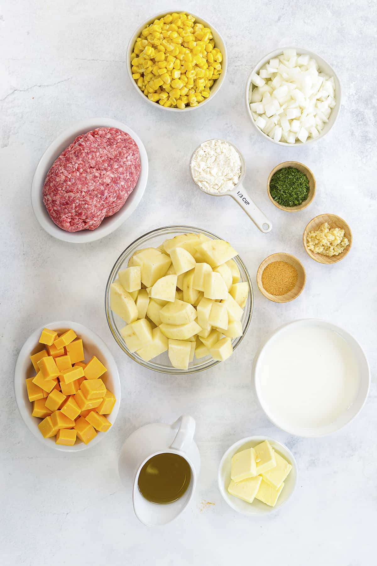 Ingredients for Cheeseburger Soup recipe.
