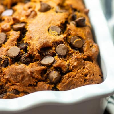 Pumpkin bread in a bread pan.