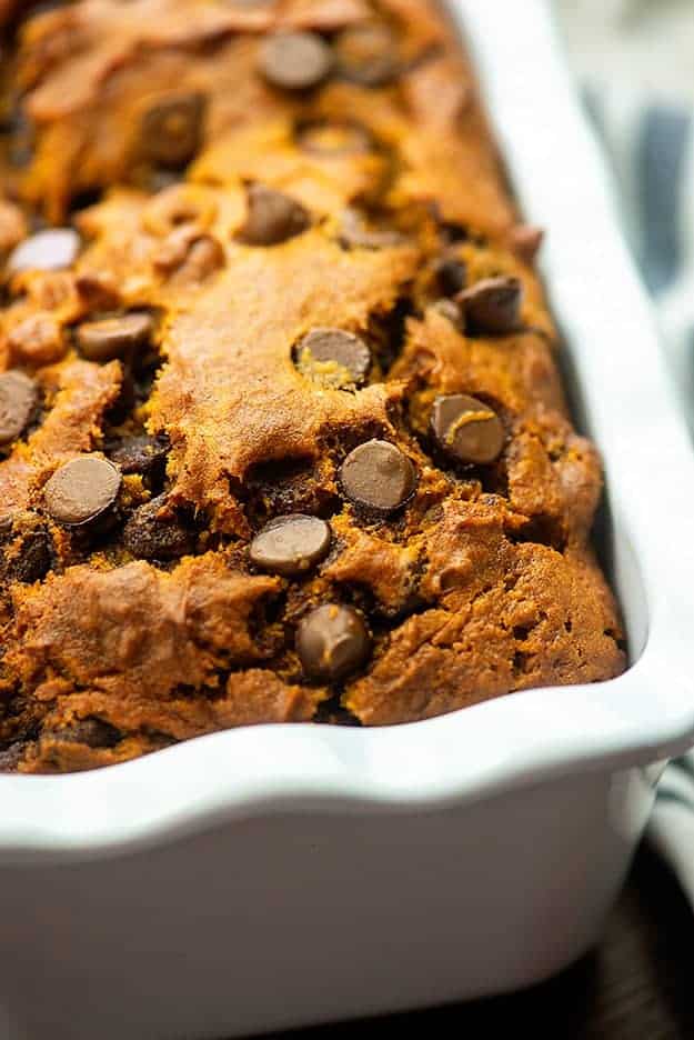 Pumpkin bread in a bread pan.