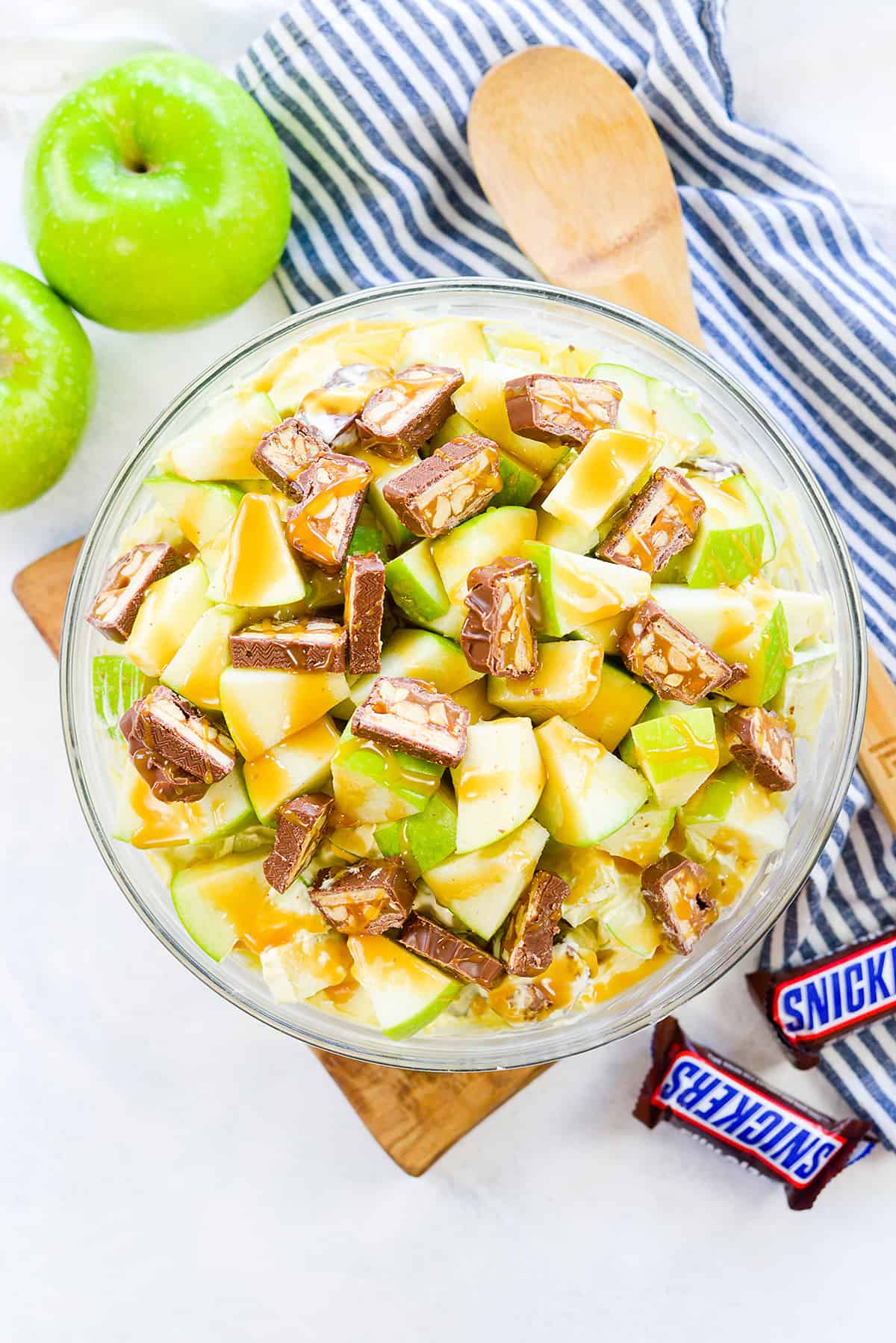 Mixing bowl full of snicker salad.